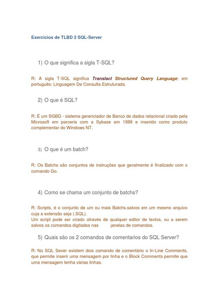 Exercícios de SQL e T-SQL para Iniciantes | PDF | SQL | Software de ...