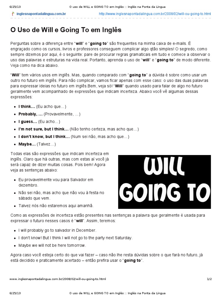 O Uso de WILL e GOING TO em Inglês | PDF