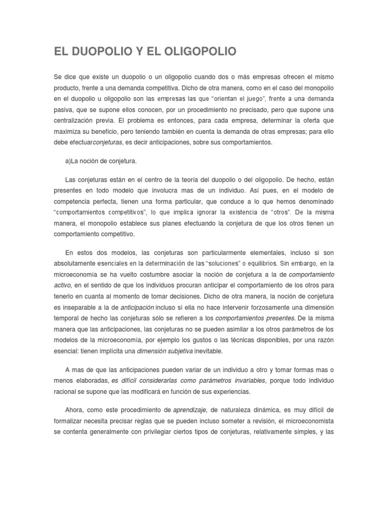 El Duopolio y Monopsonio PDF Monopolio Oligopolio