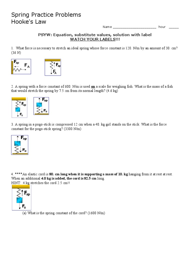 Spring Practice Problems Solving Hooke's Law Word Problems Through