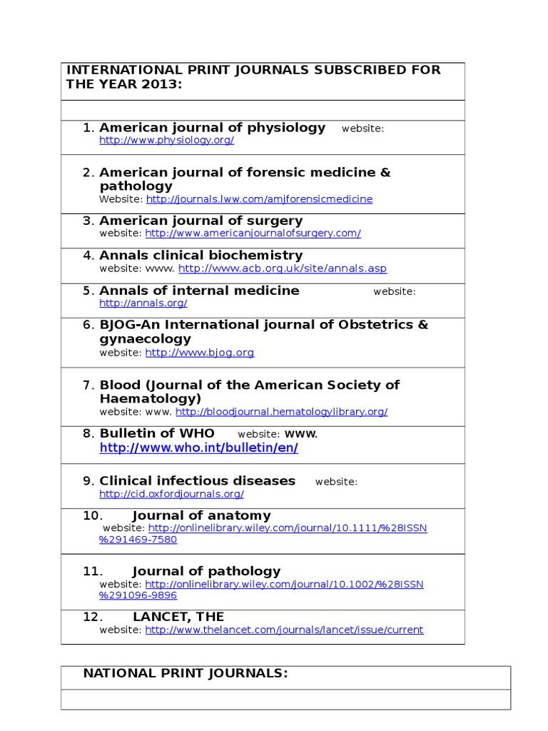 2013 International & National Journals List | PDF | Pathology ...