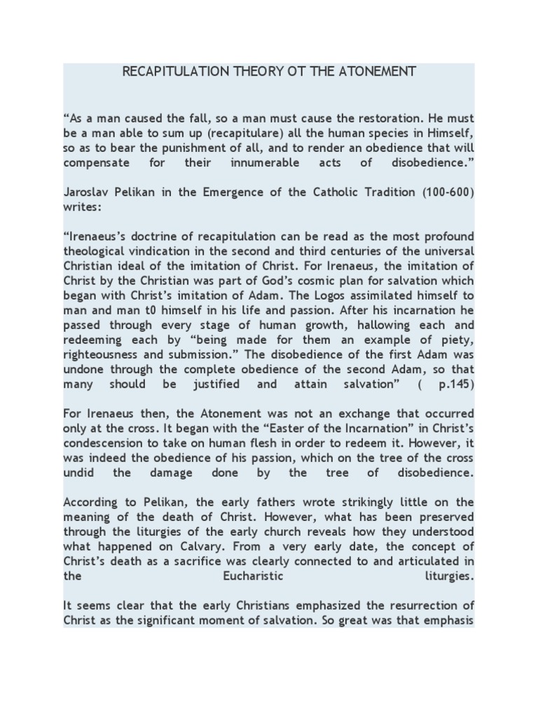 Recapitulation Theory Ot the Atonement Christ Atonement In Christianity