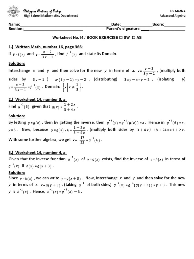 Advanced Algebra Worksheet 14 Solutions | PDF