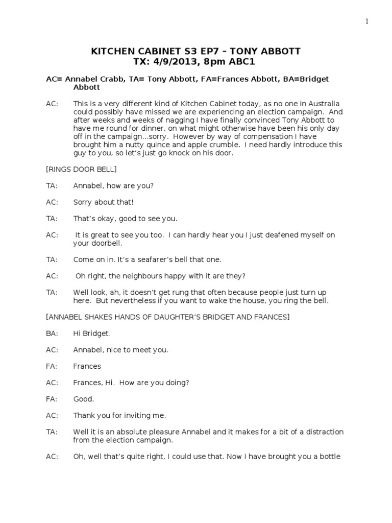 Kitchen Cabinet PROGRAM TRASCRIPT Tony Abbott | PDF