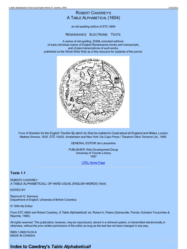 A Table Alphabeticall of Hard Usual English Words (R. Cawdre | PDF ...
