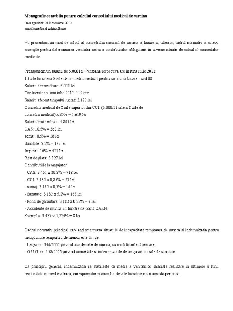 Monografie Contabila Pentru Calculul Concediului Medical De Sarcina Doc