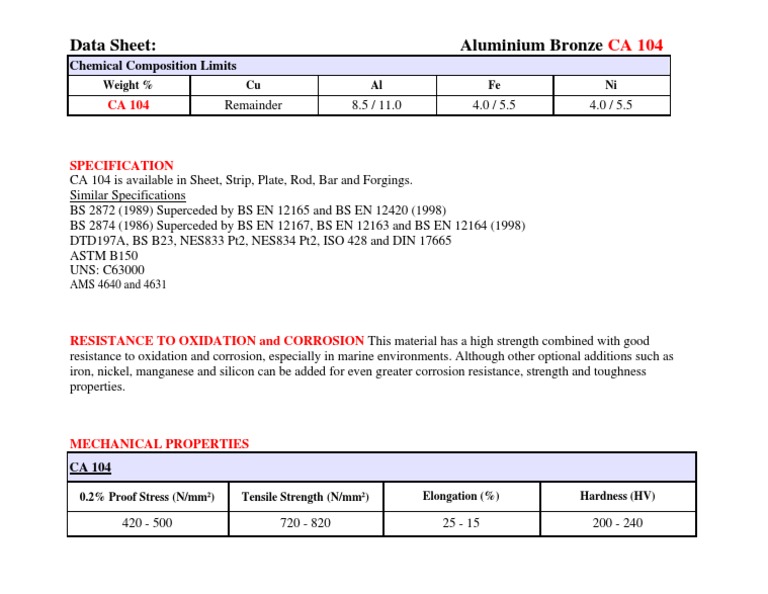 CA 104 Aluminium Bronze Properties | PDF