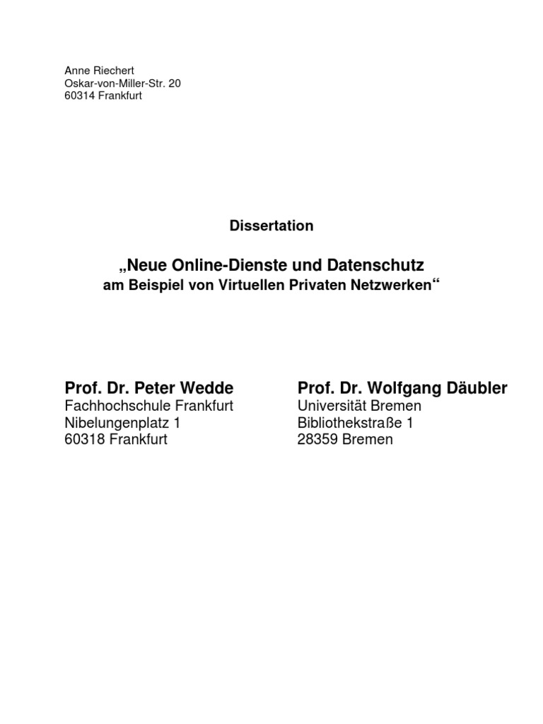 Riechert - Neue Online-Dienste Und Datenschutz Am Beispiel Von Virtuellen  Privaten Netzwerken - Anne Riechert | PDF