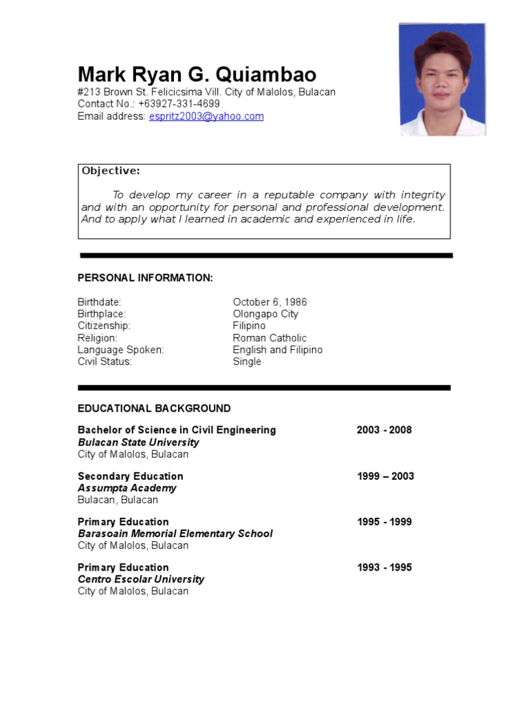 Resume Best Resume Format In Philippines mark ryan quiambao resume philippines engineering science and technology