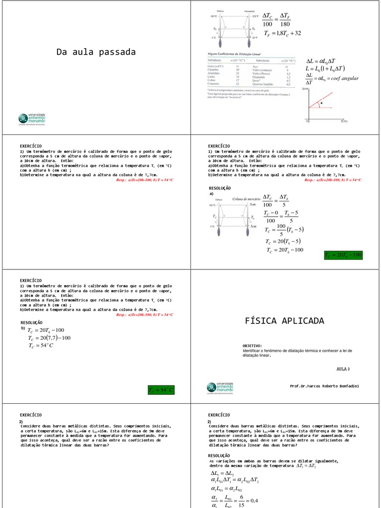 Dilatação Linear: Exercícios Resolvidos | PDF | Expansão térmica ...