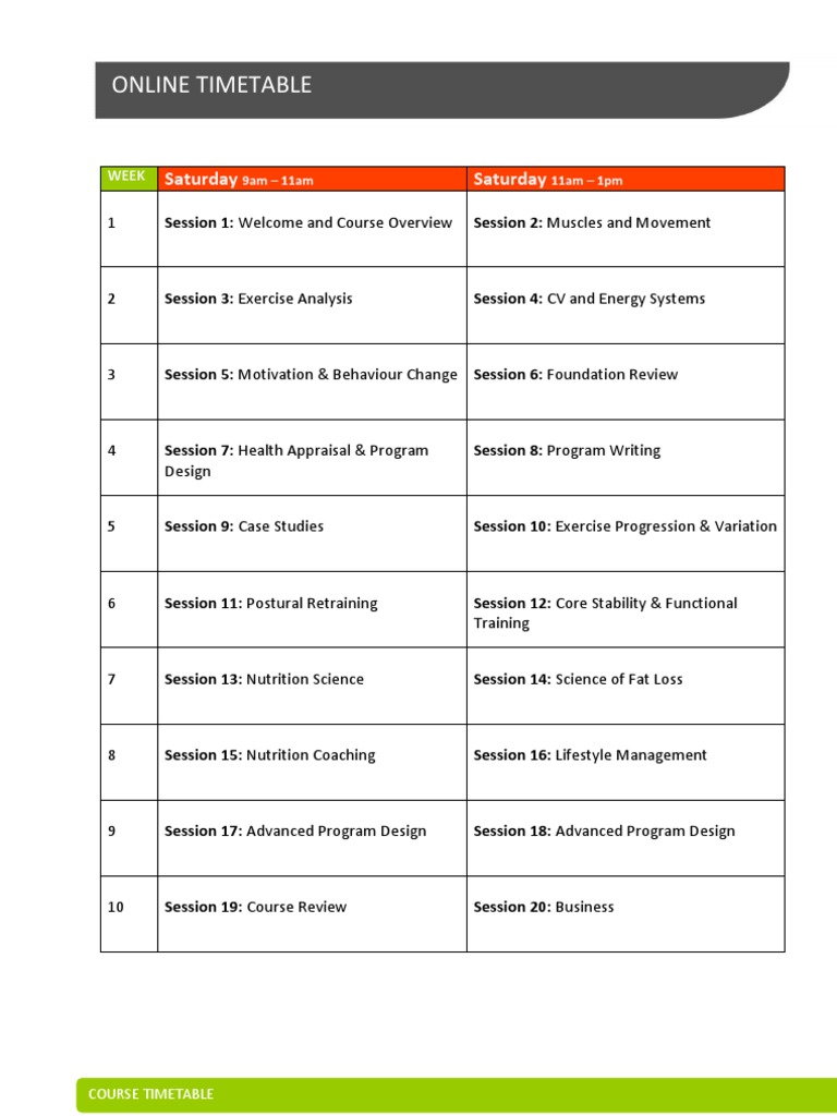 Fitness Coaching Course Schedule | PDF