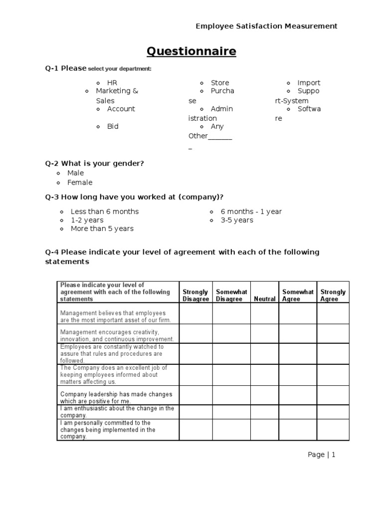 Questionnaire For Employee Satisfaction Measurement Job