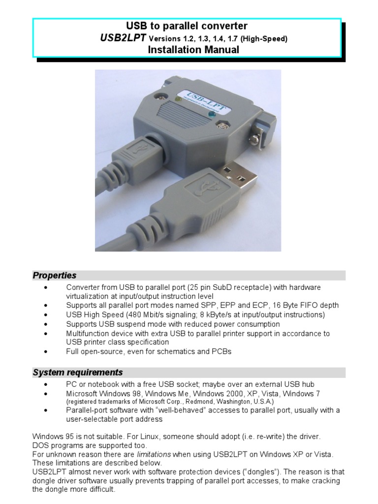 USB to Parallel Converter Installation Manual Usb Device Driver