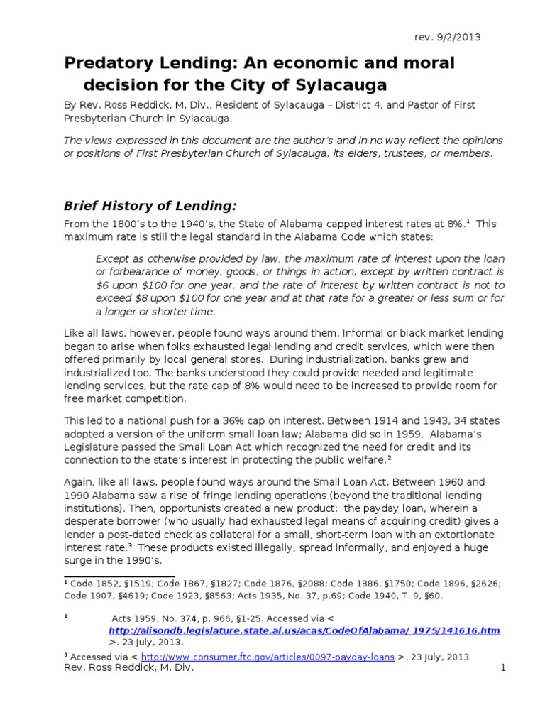 Predatory Lending Sylacauga Alabama PDF Payday Loan Annual