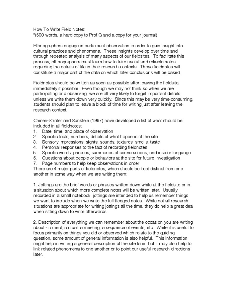 How To Write Field Notes  PDF  Observation  Ethnography