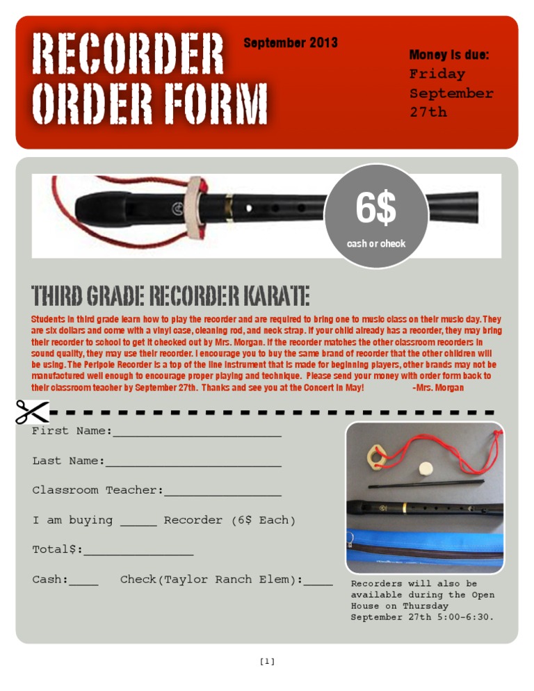 Recorder Order Form: Third Grade Recorder Karate | PDF