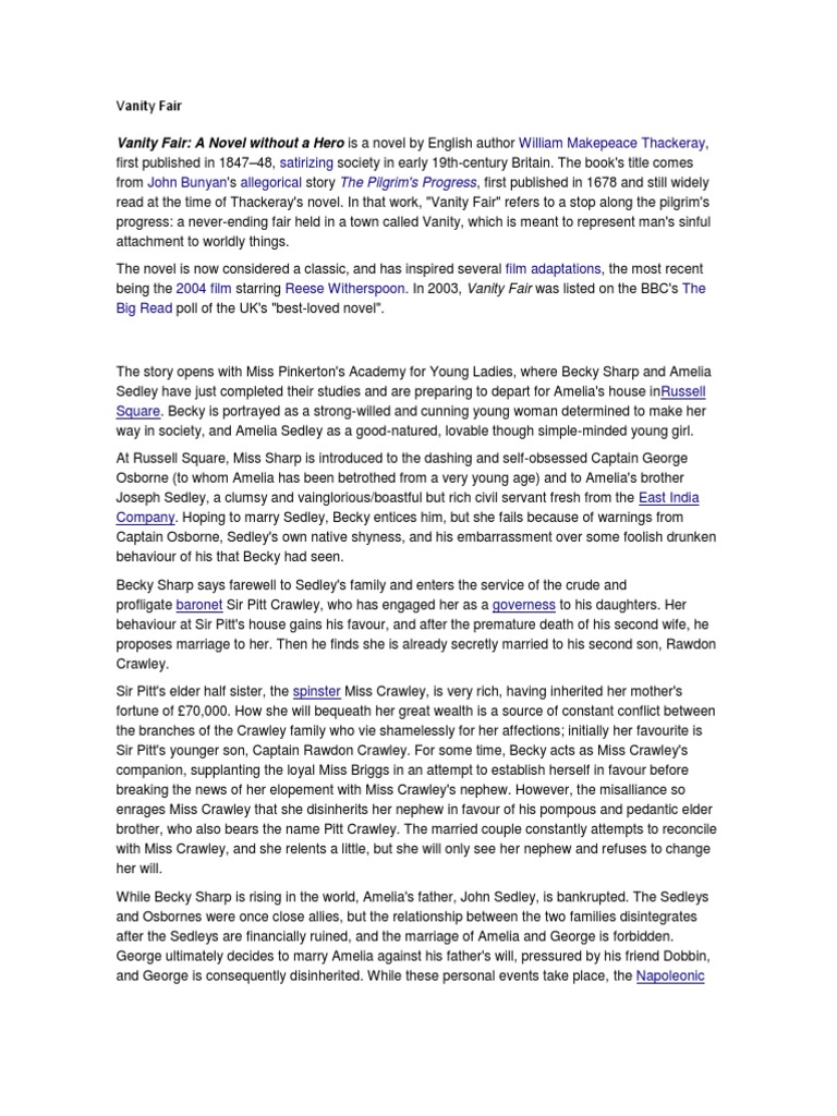 Vanity Fair Vanity Fair A Novel Without A Hero Is A Novel by English