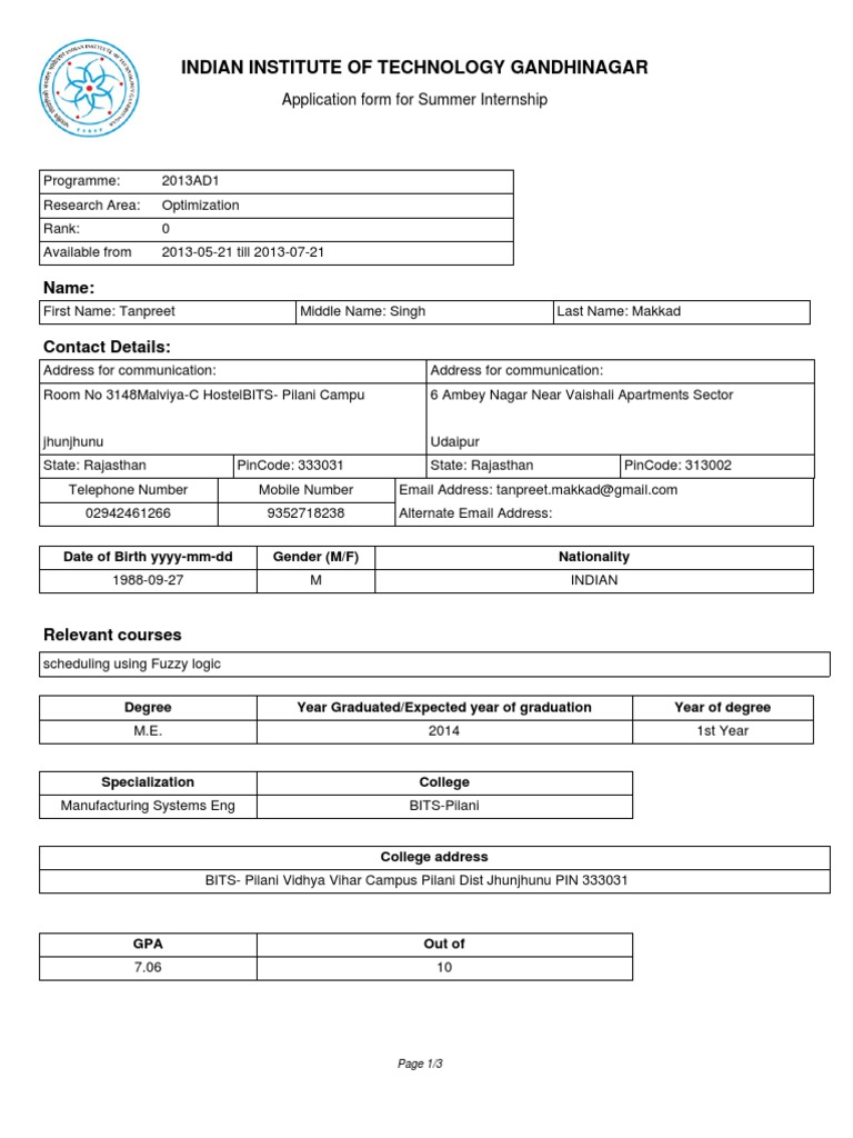 IIT Gandhinagar Internship Form | PDF