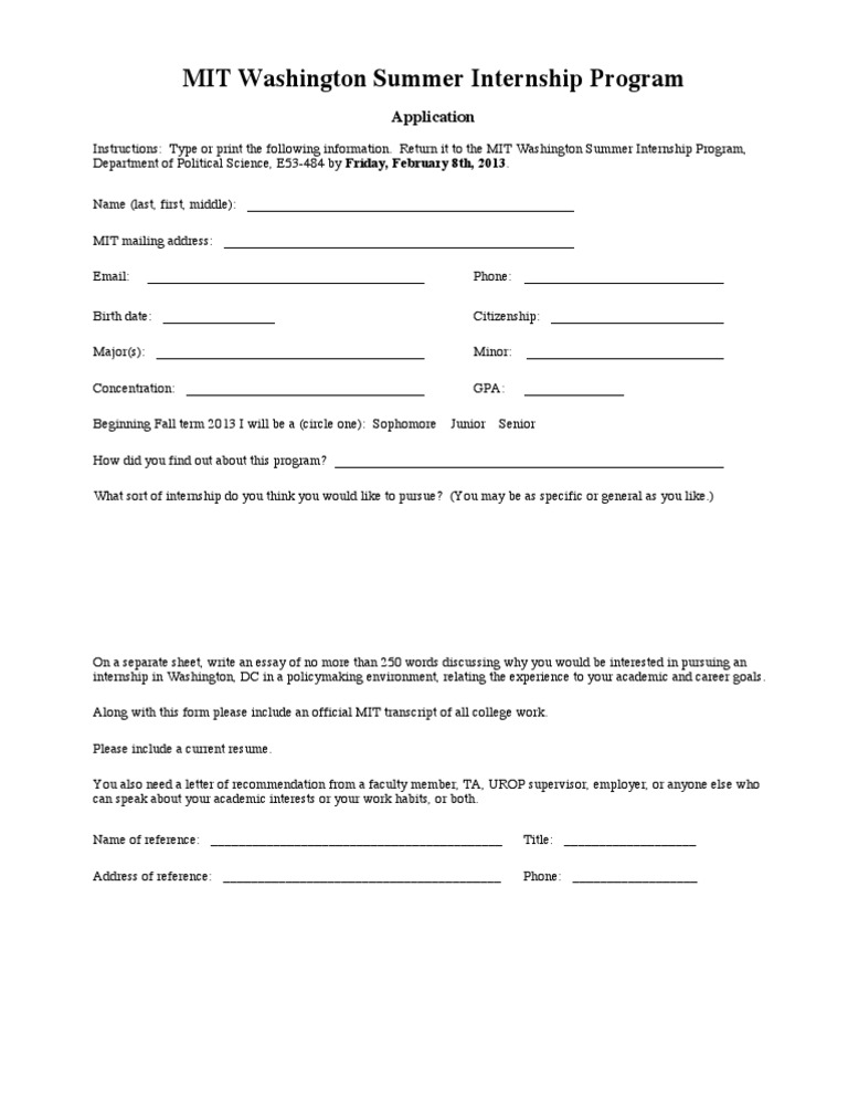 MIT Washington Summer Internship Program: Application | PDF