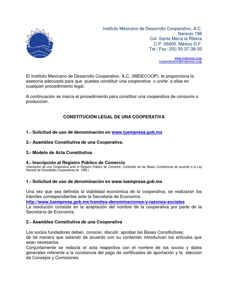 Pasos para constituir una cooperativa en México | PDF | Cooperativa ...