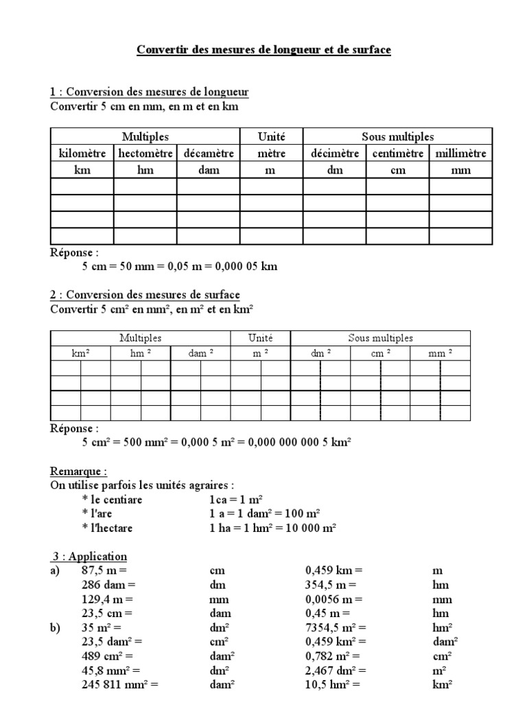 Exercice De Conversion De Masse Cm2 Pdf Tableau de Surface | PDF | Unité de mesure | Observation scientifique