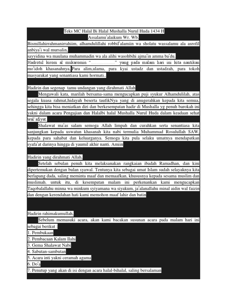 Teks Mc Halal Bi Halal Mushalla Nurul Huda 1434 H