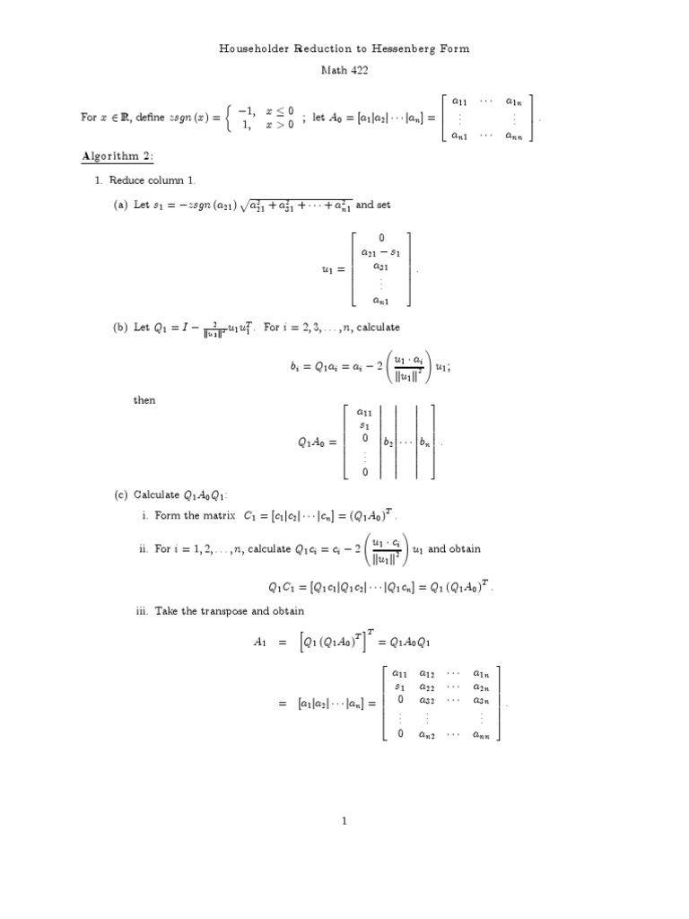 Householder Hessenberg Reduction | PDF