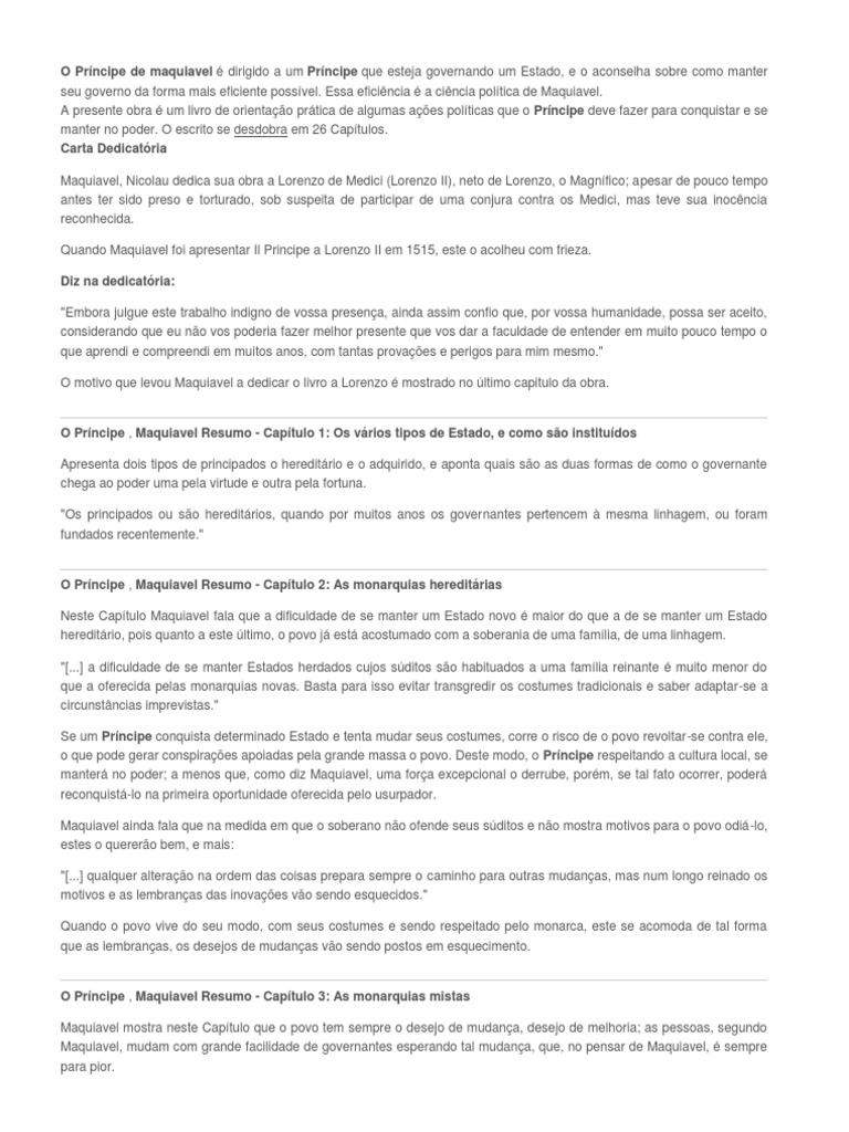 O Príncipe De Maquiavel Resumo Do Livro