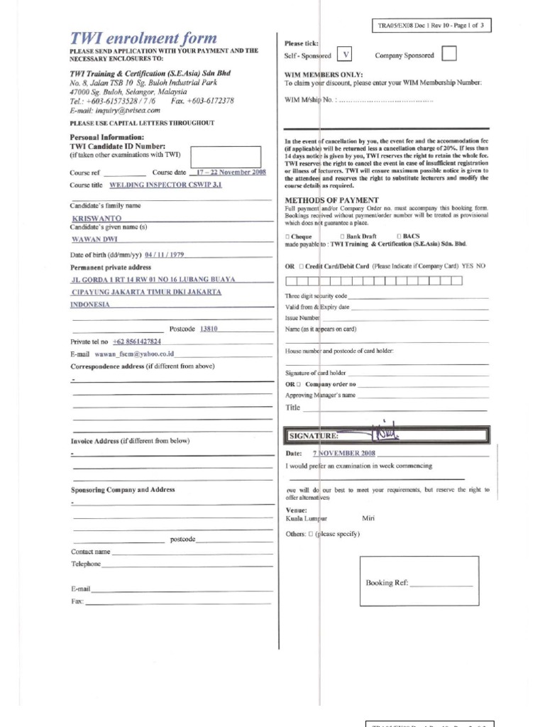 Contoh Pengisian Enrollment Form | PDF | Welding | Construction
