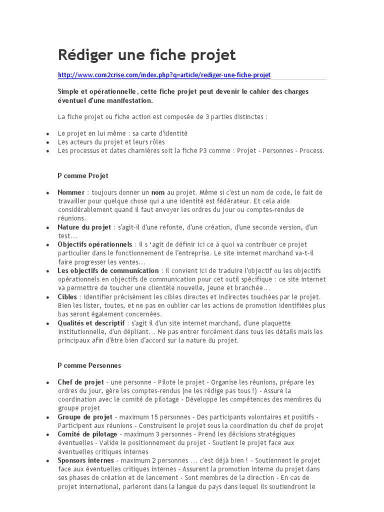 Rédiger une fiche projet  la communication  Business