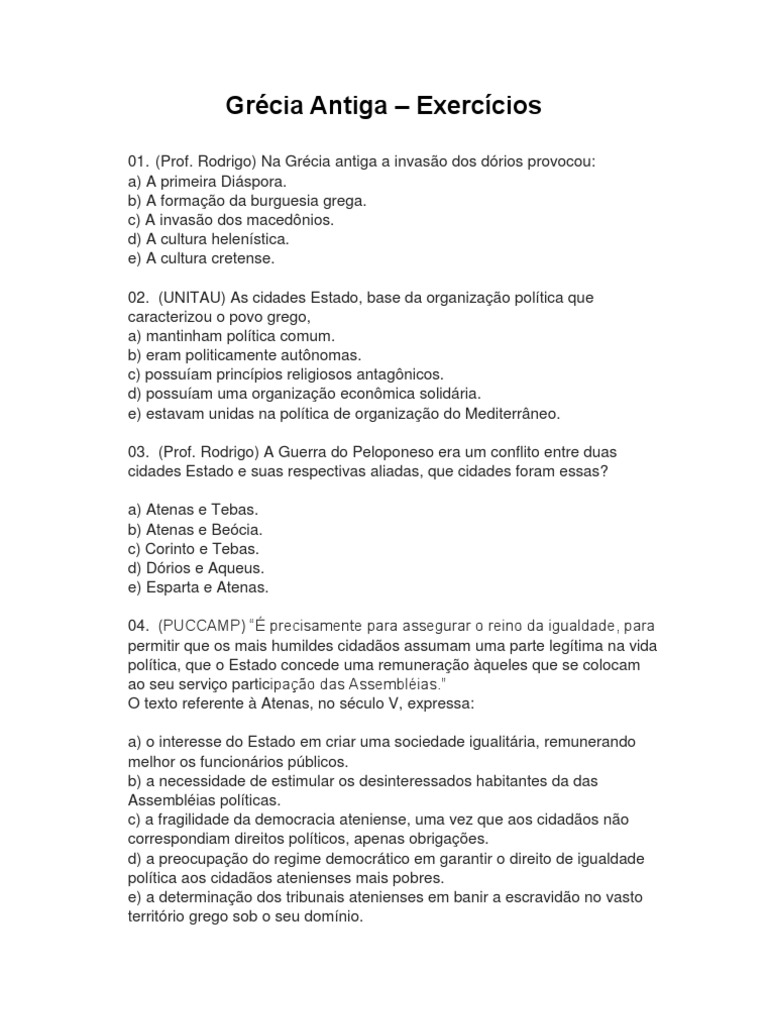 Exercicios Sobre A Grecia Antiga 1 Ano Com Gabarito