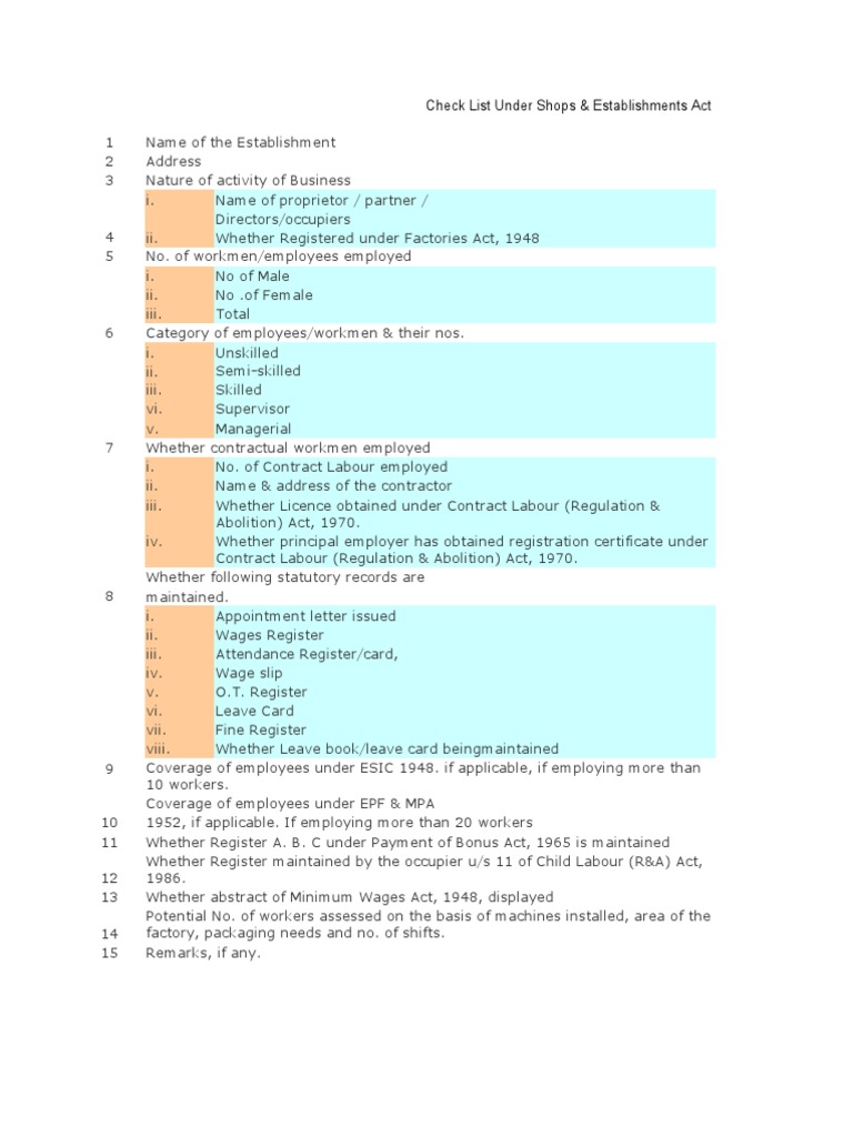 Shops & Establishments Act Checklist | PDF | Working Conditions ...