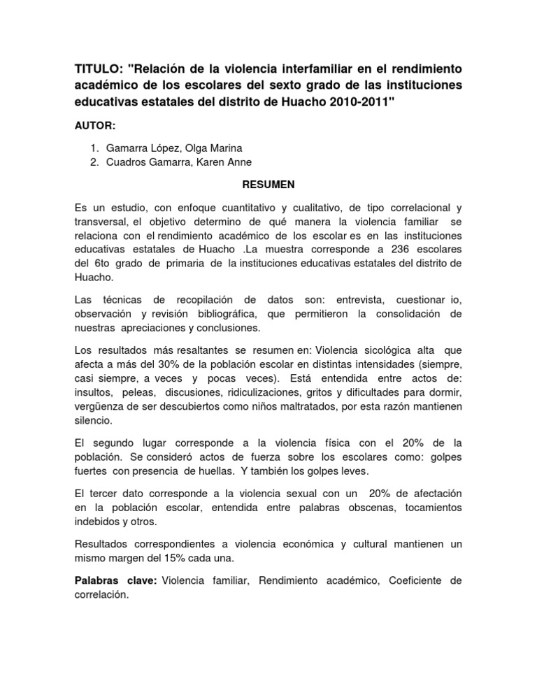 Relación de La Violencia Interfamiliar en El Rendimiento Académico de ...