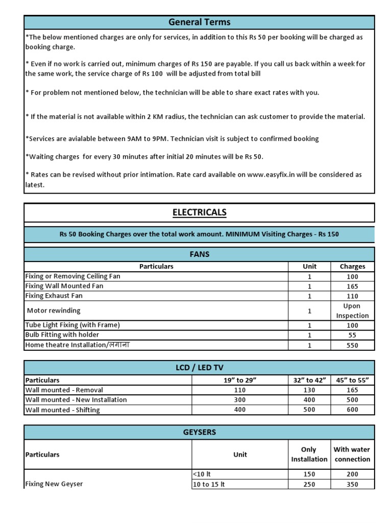 Plumbing and Electrical Service Rates | PDF | Door | Bed