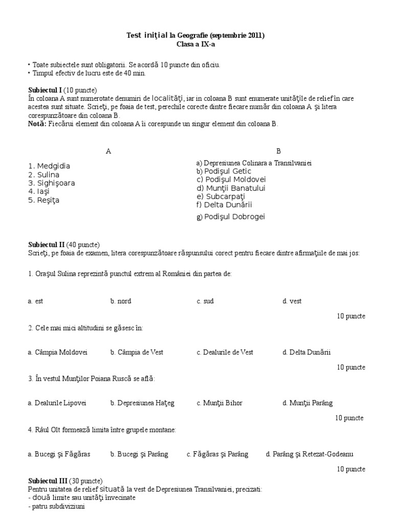 0 Test Initial Geografie Pentru Clasa A Ixa | PDF
