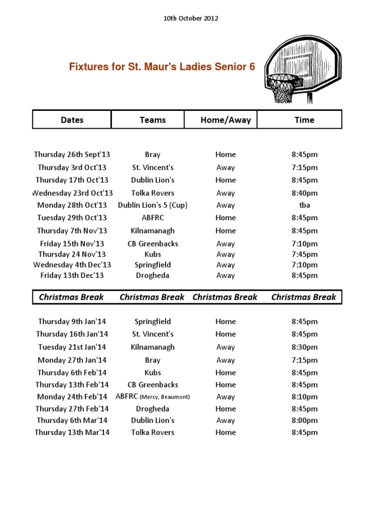 ST Maurs Basketball Ladies Senior 6 Fixtures 2013 2014 PDF