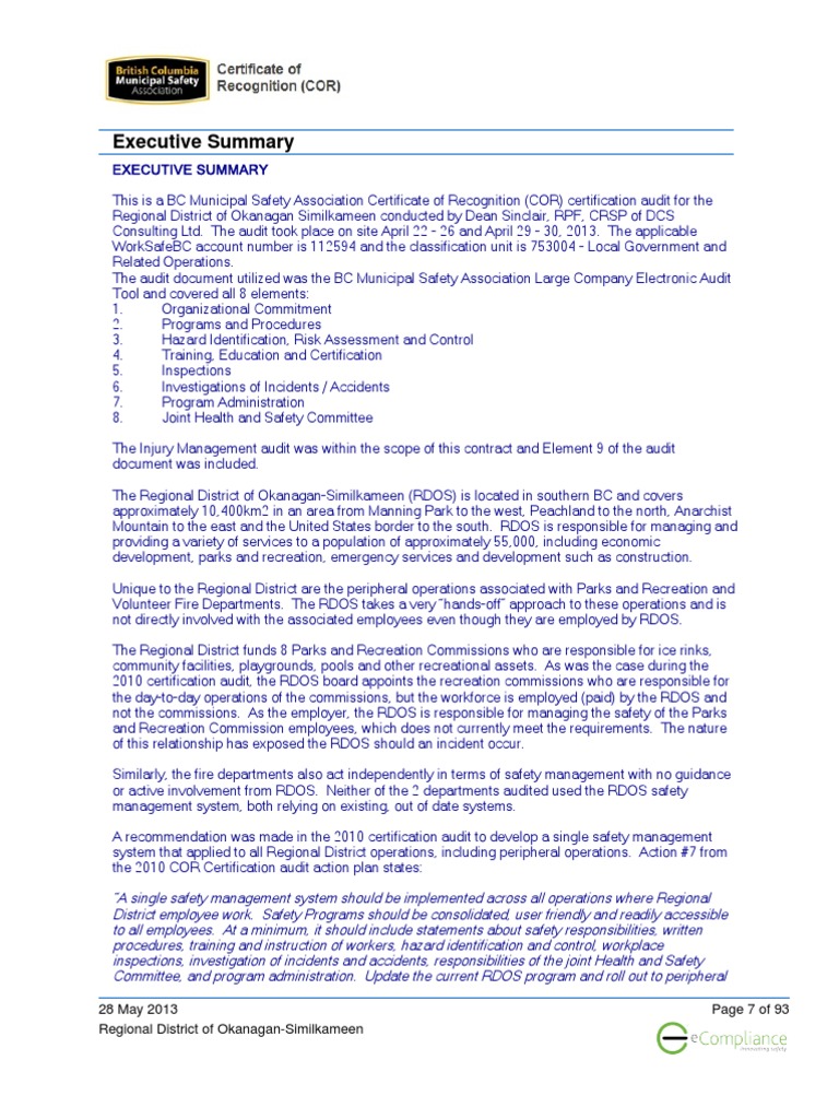 RDOS Safety Audit Executive Summary Safety Employment