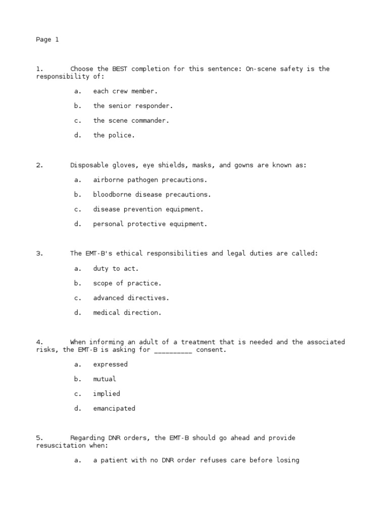 Printable Emt Practice Test