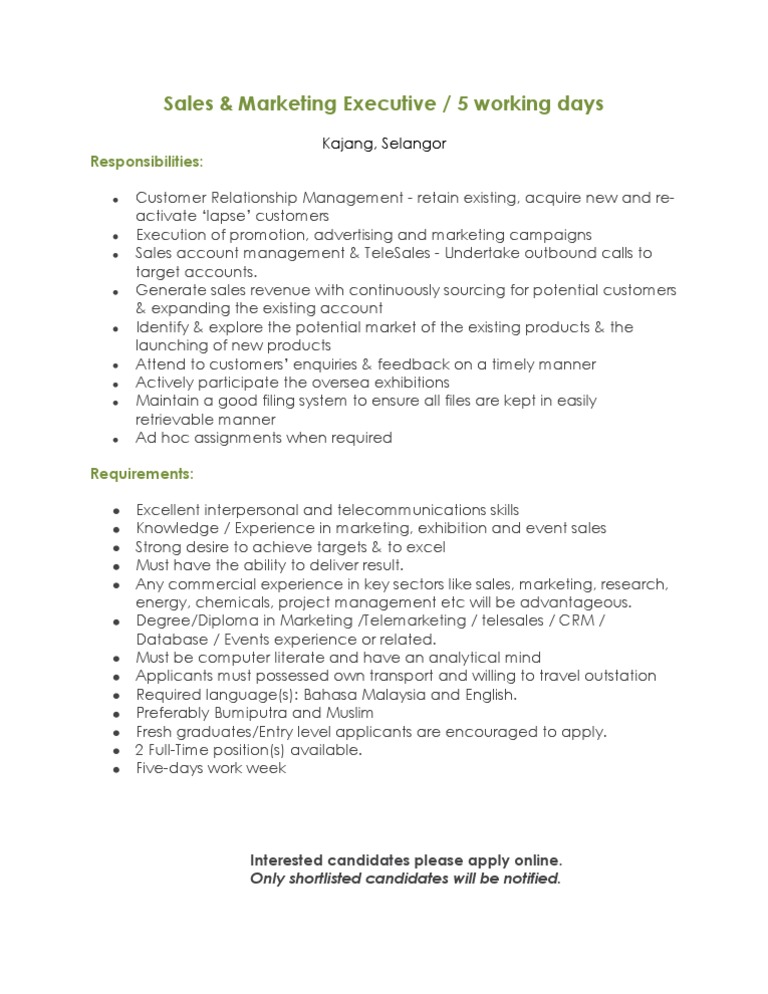 Sales & Marketing Executive Job in Kajang | PDF