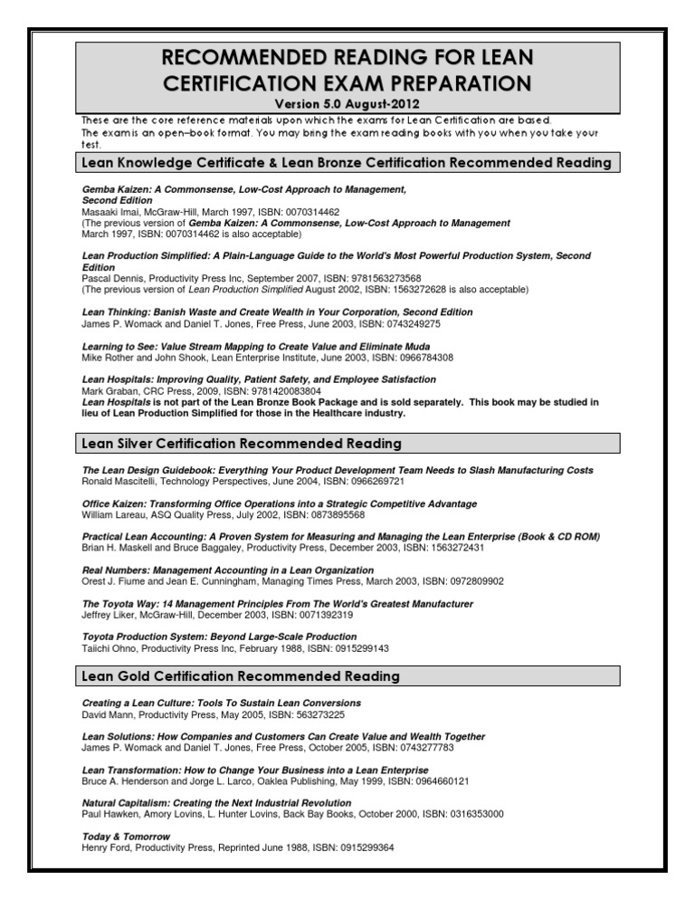 Lean Certification Exam Reading List | PDF | Lean Manufacturing ...
