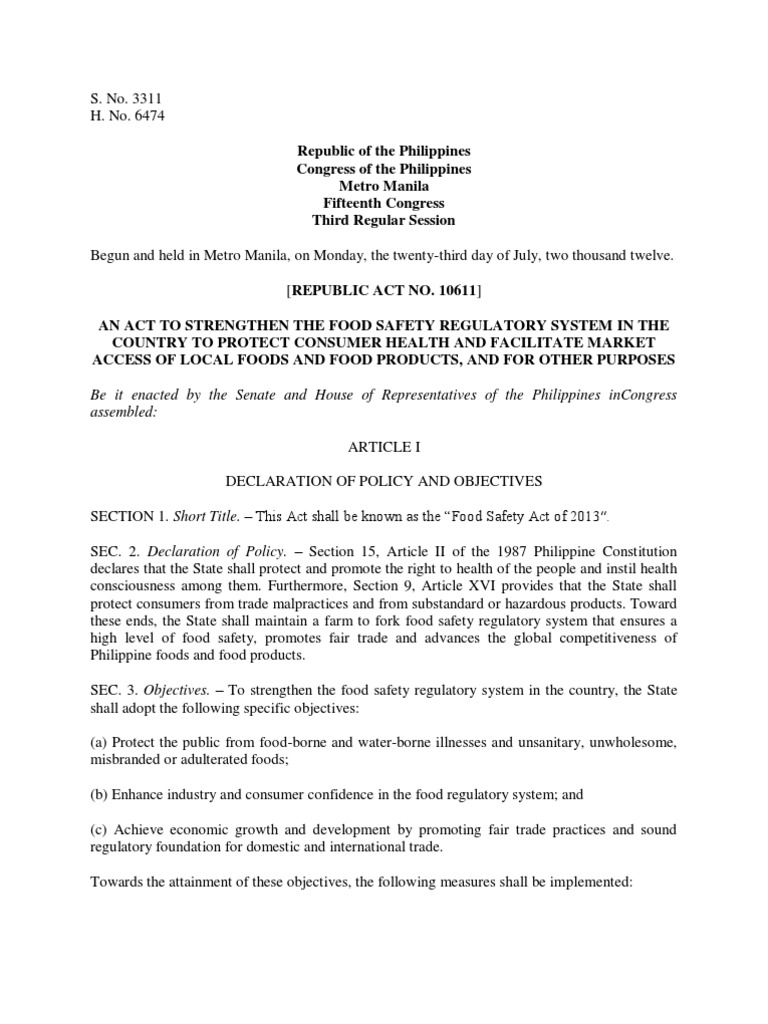 Republic Act No Food Safety Risk Management