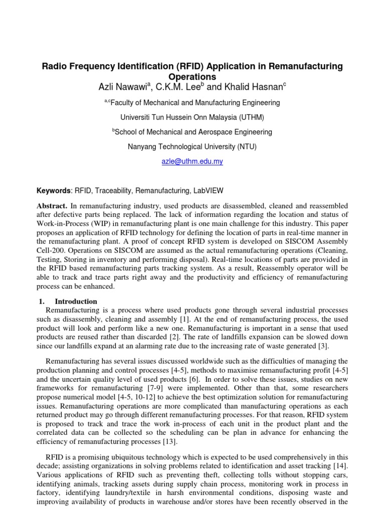 RFID in Remanufacturing Operations | PDF | Radio Frequency ...