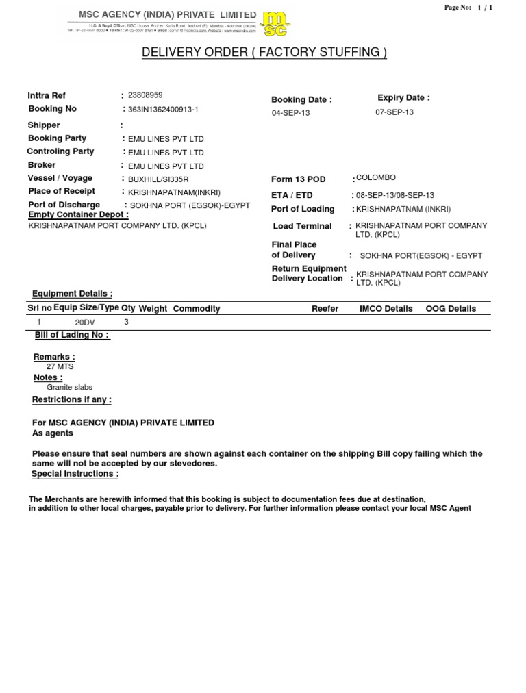 Delivery Order (Factory Stuffing) | PDF
