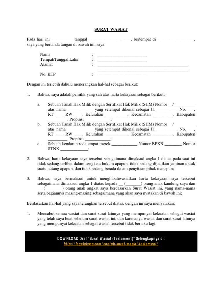 Contoh Surat Wasiat