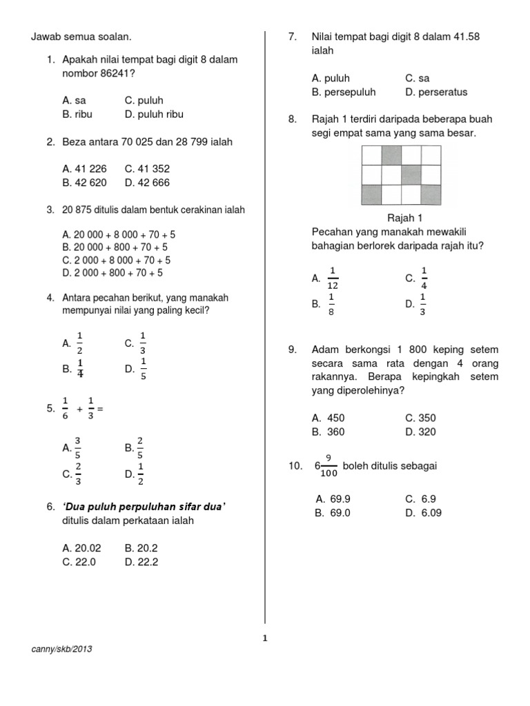 Soalan Ujian Matematik Tahun 4 Pdf