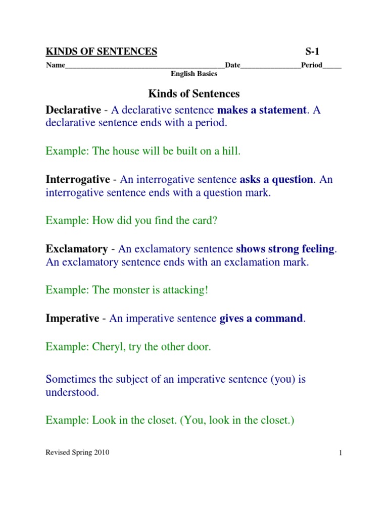 4 Types and Kinds of Sentences Test Prep Student | Download Free PDF ...