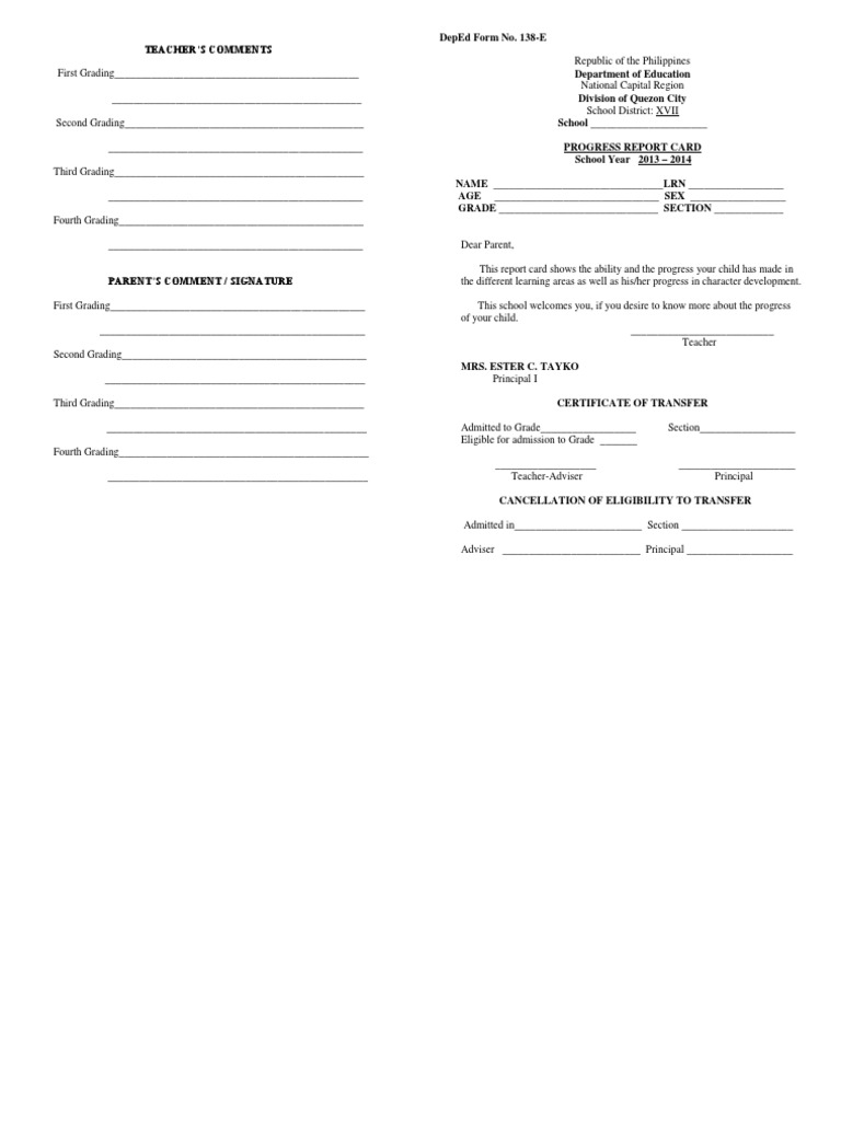 Form 138 Progress Report Card Sample | PDF