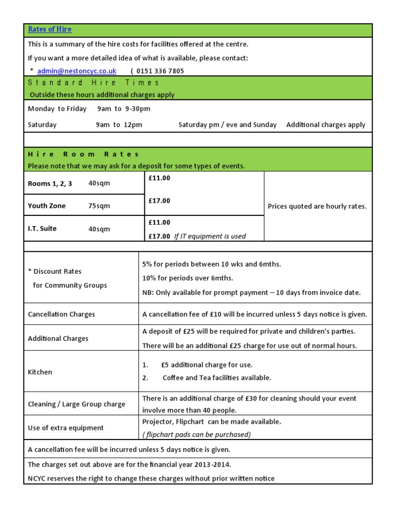 Room Hire Rates PDF