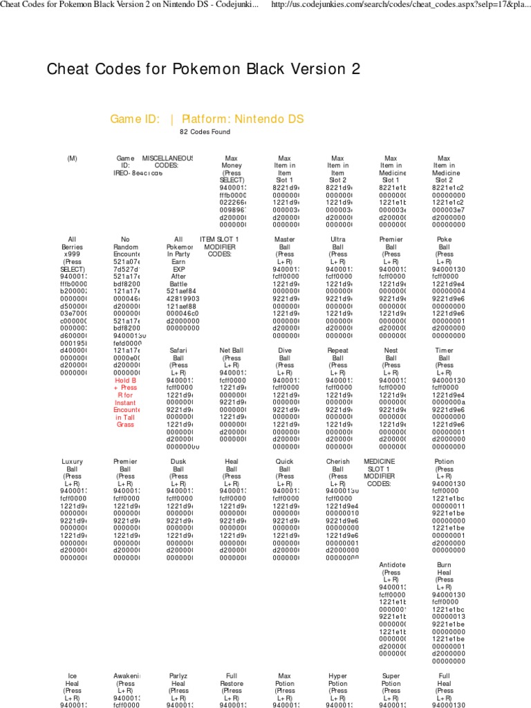 Cheat Codes For Pokemon Black Version 2 On Nintendo DS 