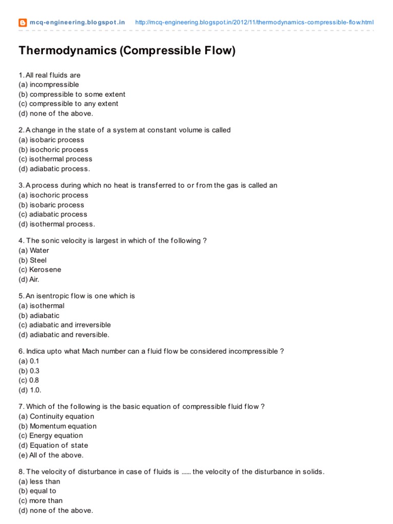 Thermodynamics MCQs on Compressible Flow | PDF | Mach Number | Shock Wave